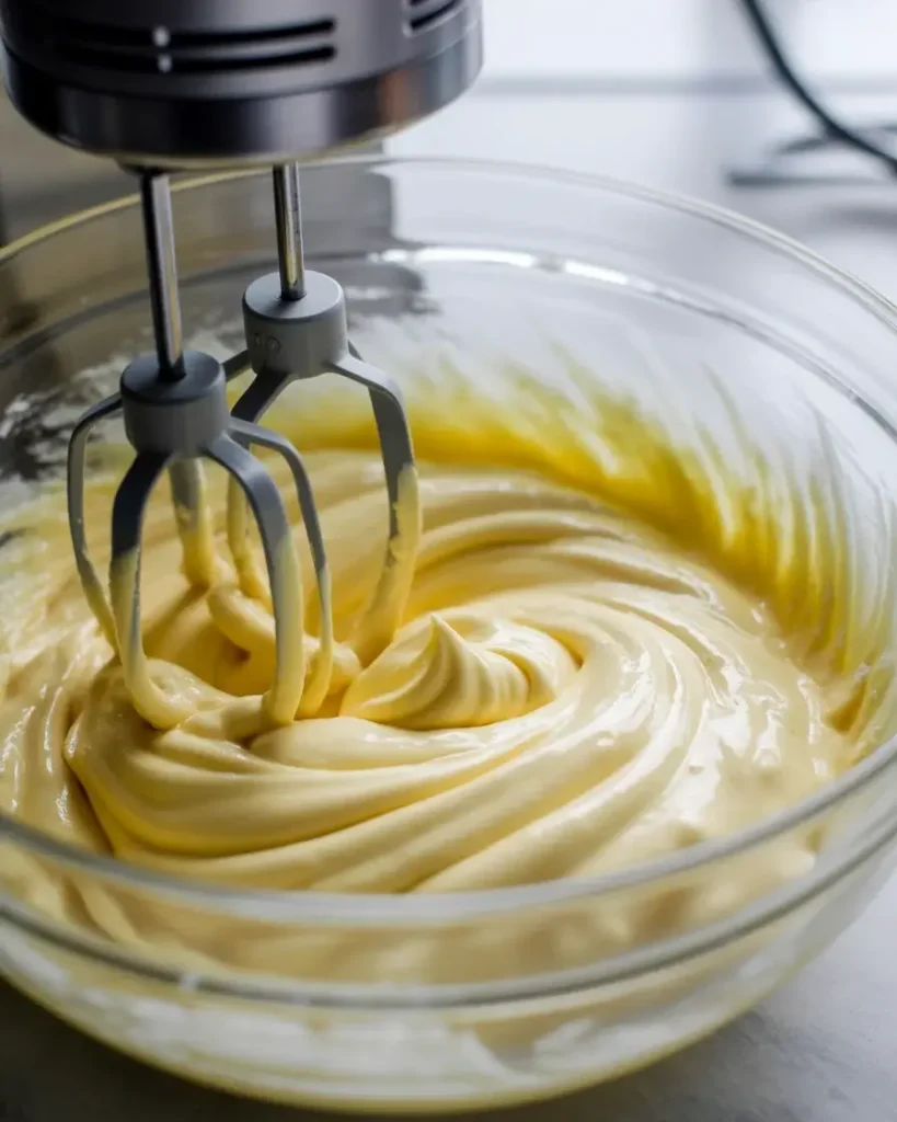 Beating cream cheese until smooth and fluffy for cheesecake filling