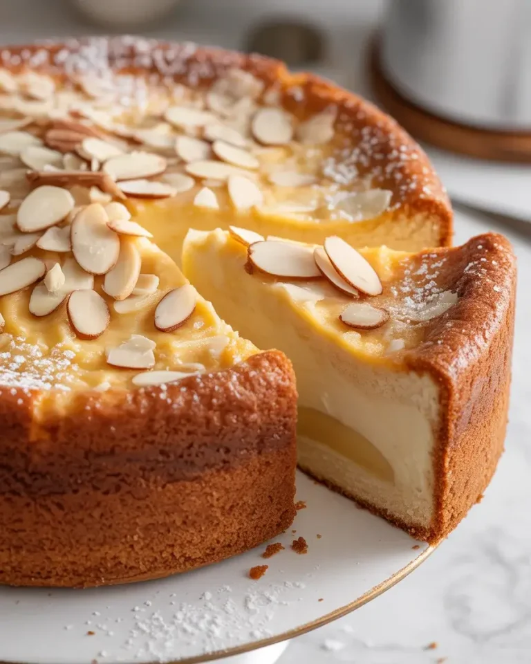 Beautiful almond custard cake with distinct layers and golden finish