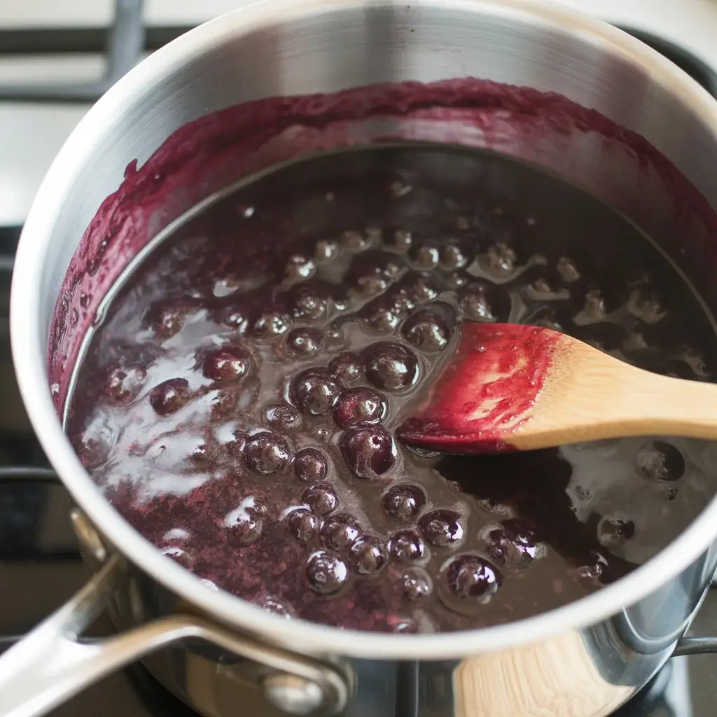 Blueberry filling thickened to jammy consistency with visible bubbles forming