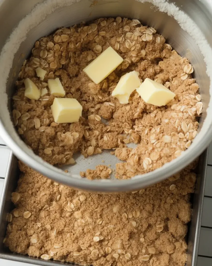 Buttery oat crust mixture ready to press into pan with reserved crumble topping
