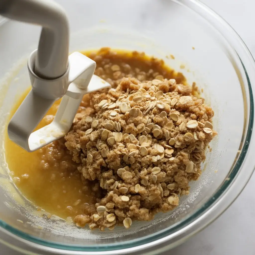 Buttery oat mixture pressed into an even layer for the crust base
