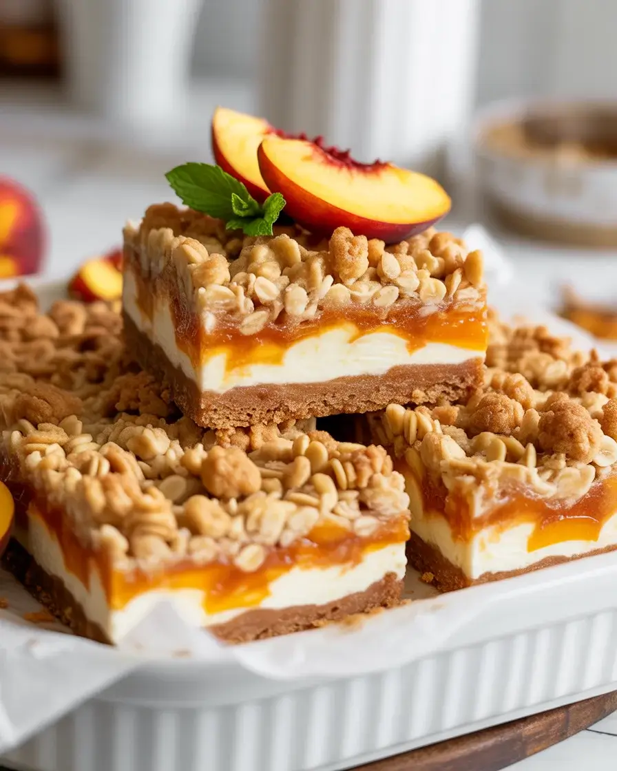 Buttery peach crumble bars with cream cheese and cinnamon peach layers