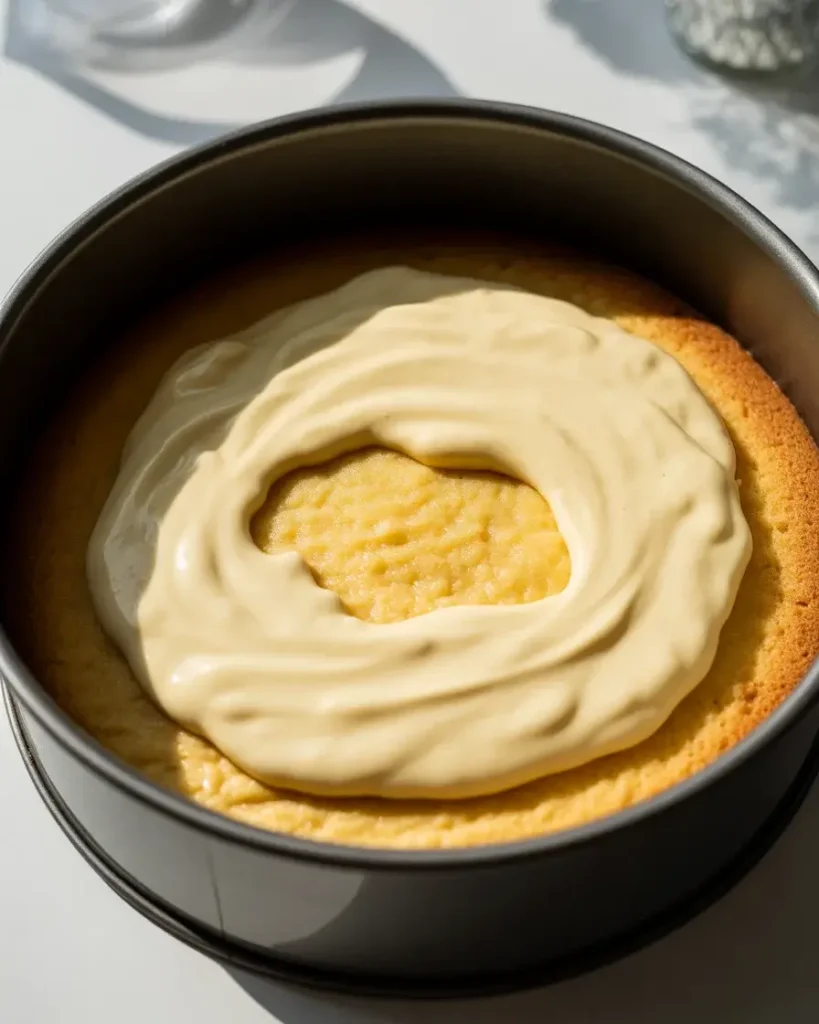 Cake batter and custard layers before baking create the signature effect
