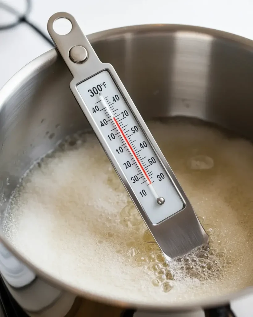 Candy thermometer showing exact 300°F temperature for perfect nougat