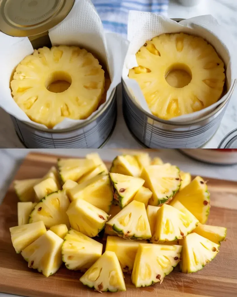 Canned pineapple (left) versus fresh pineapple showing moisture differences