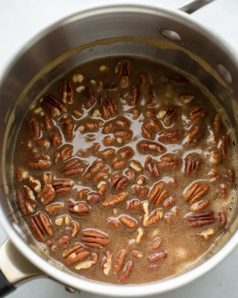 Caramelized pecans in brown sugar sauce ready to top the cheesecake