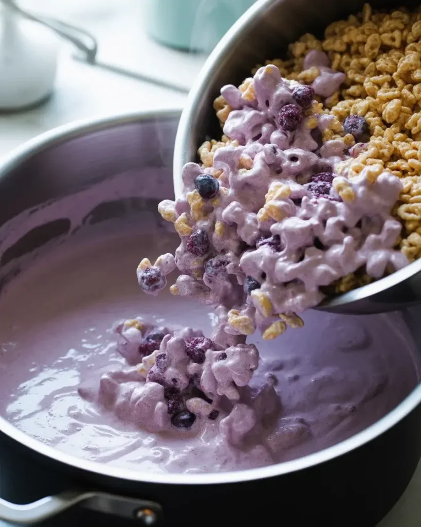 Cereal folded into blueberry marshmallow until every piece is perfectly coated
