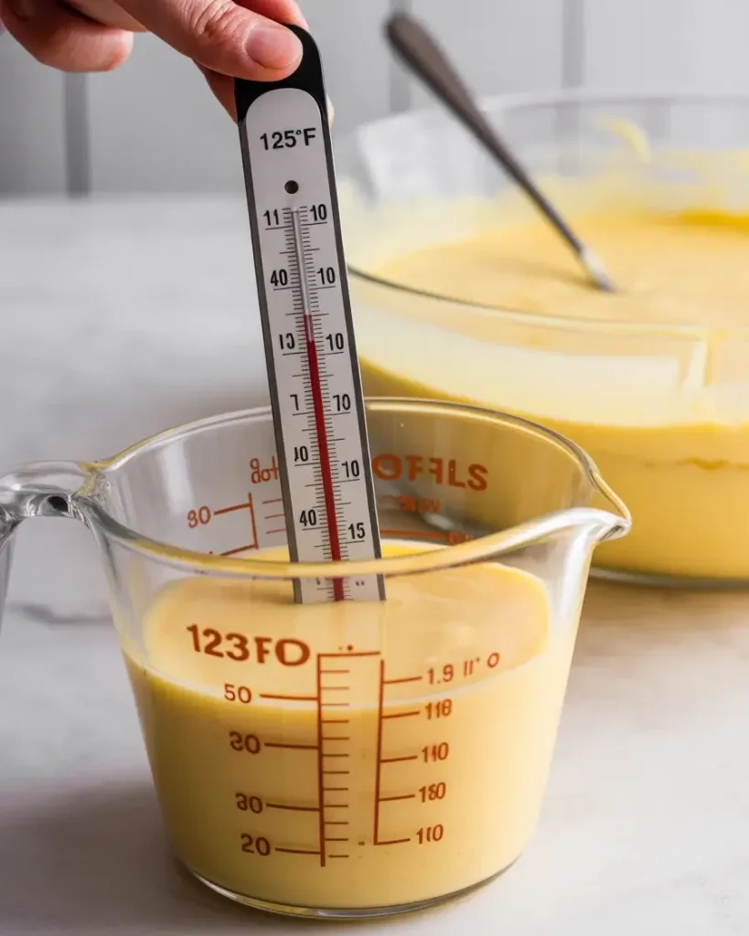 Checking custard temperature ensures proper layering in the cake