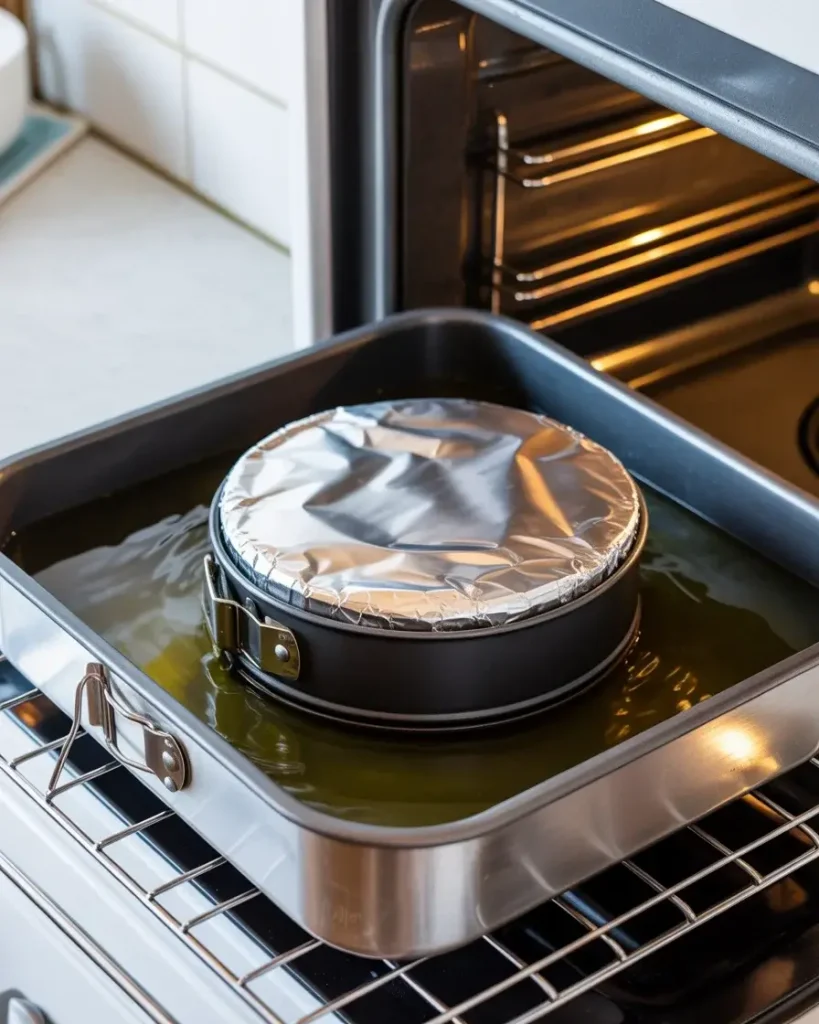 Cheesecake baking in a water bath to ensure even, gentle cooking