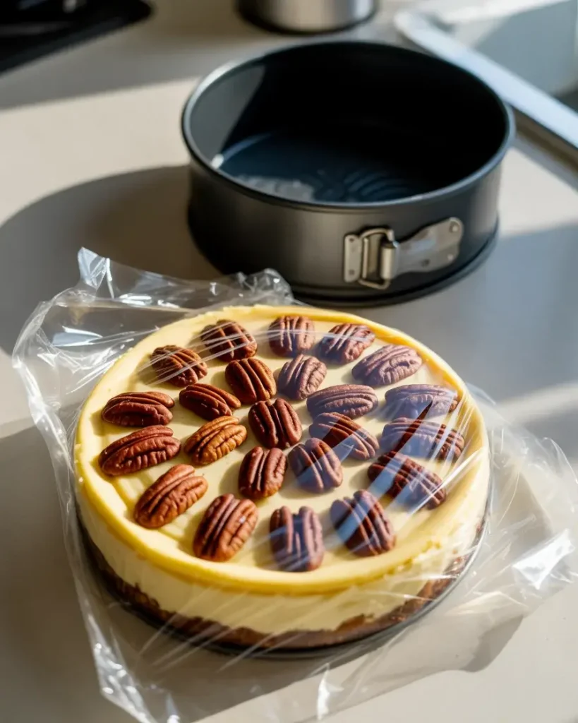 Cheesecake properly wrapped for refrigerator or freezer storage