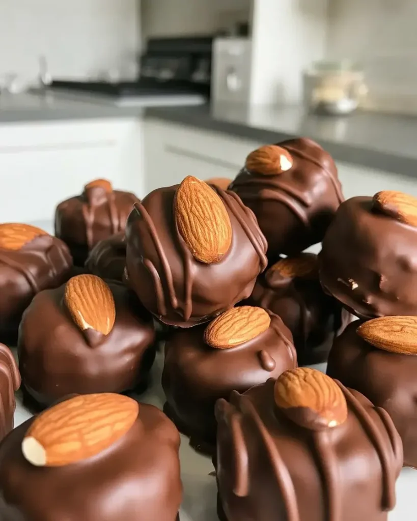 Chocolate-coated almond joy bites ready to enjoy