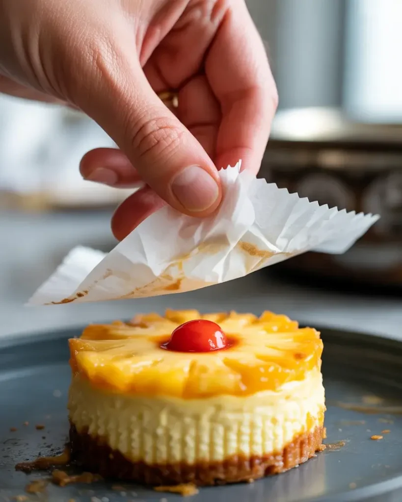 Clean flip reveals perfectly caramelized pineapple topping with no sticking