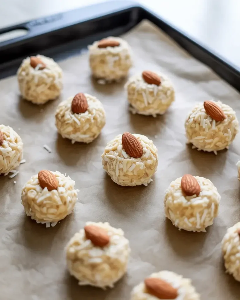 Coconut bites chilling in the freezer before chocolate coating