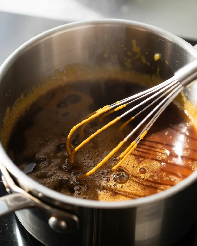 Cook caramel until it reaches deep amber color and 235°F