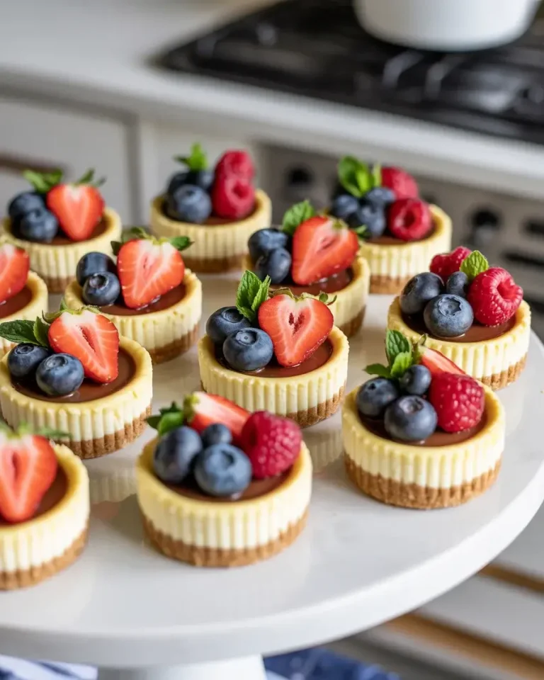 Creamy mini cheesecake tarts with fresh berries and chocolate drizzle