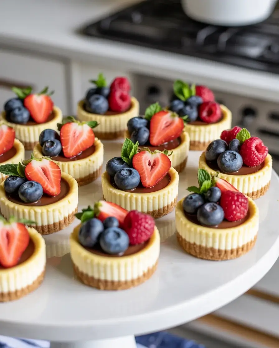 Creamy mini cheesecake tarts with fresh berries and chocolate drizzle