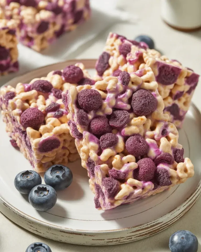 Crispy, chewy blueberry rice krispies treats loaded with freeze-dried berries