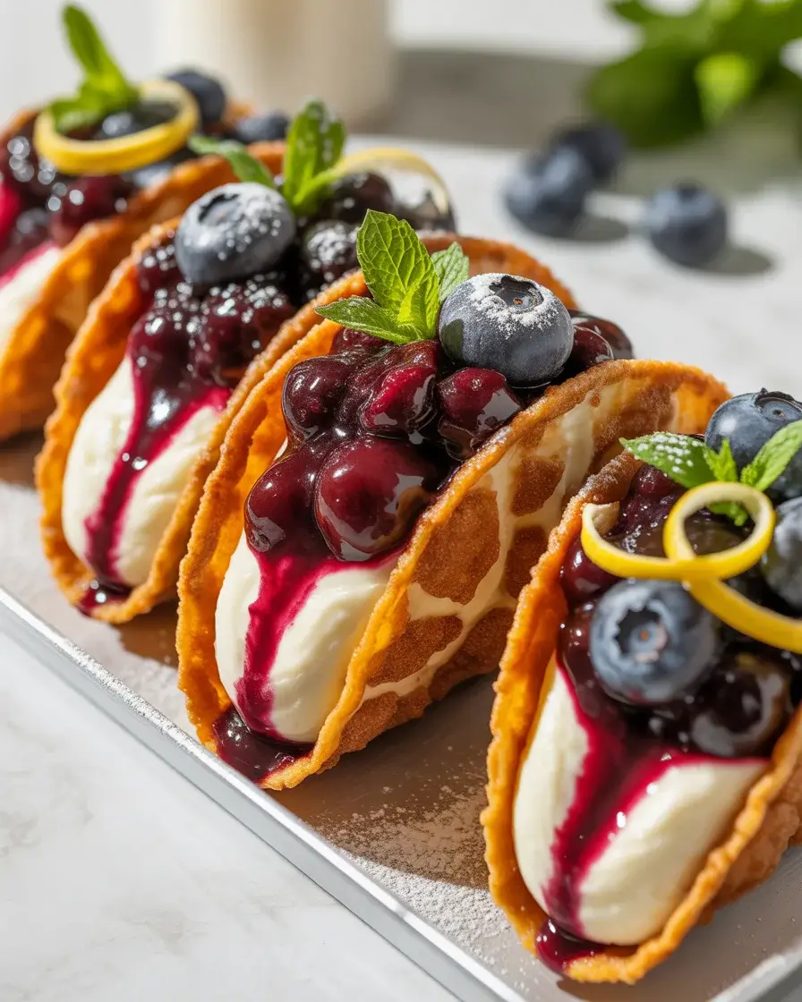 Crispy cinnamon sugar taco shells filled with cheesecake and fresh blueberries