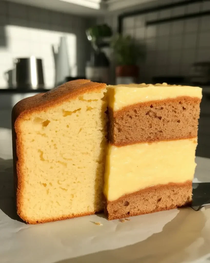 Custard cake's two-layer texture compared to traditional single-layer cake