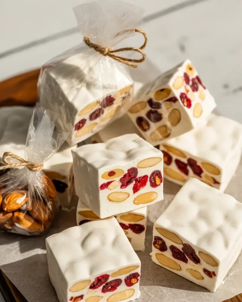 Cut nougat pieces showing perfect texture with almonds and cranberries throughout