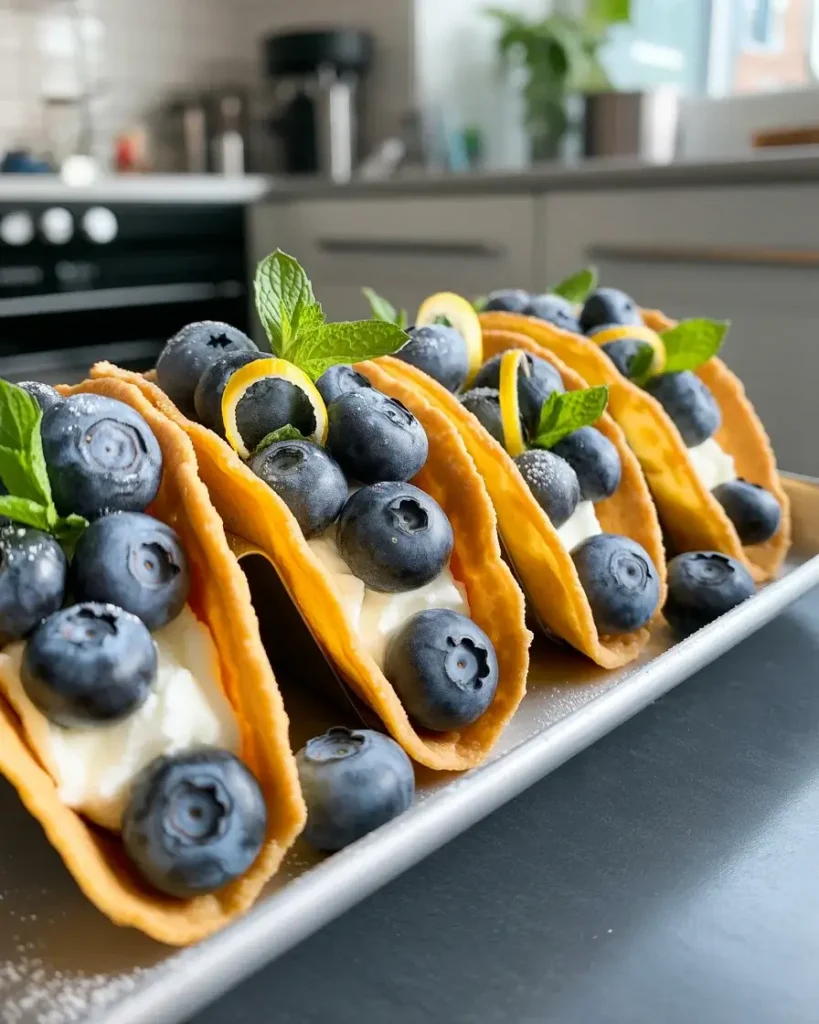 Dessert tacos garnished with fresh blueberries, mint, and powdered sugar