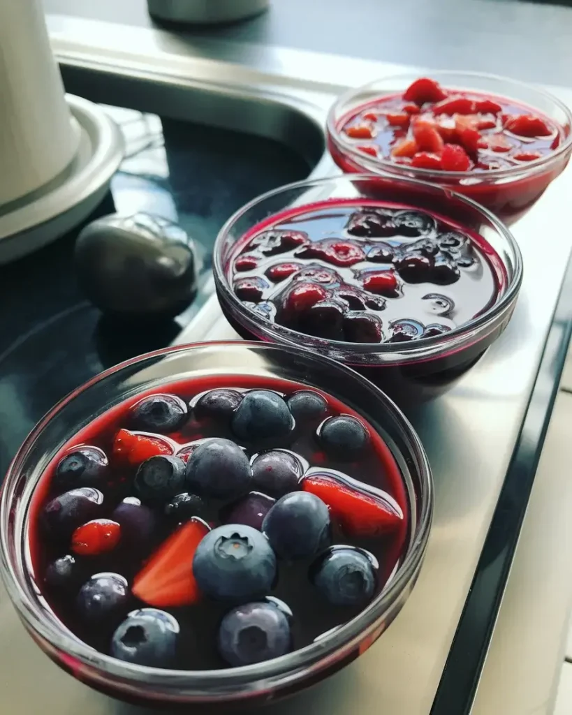 Different fruit compote options including blueberry, strawberry, mixed berry, and cherry