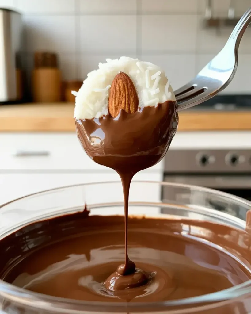 Dipping coconut bite in dark chocolate for smooth coating