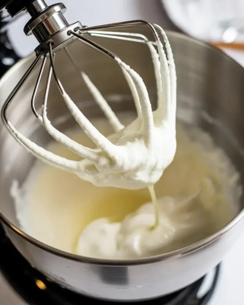 Egg whites whipped to soft peaks ready for hot sugar syrup