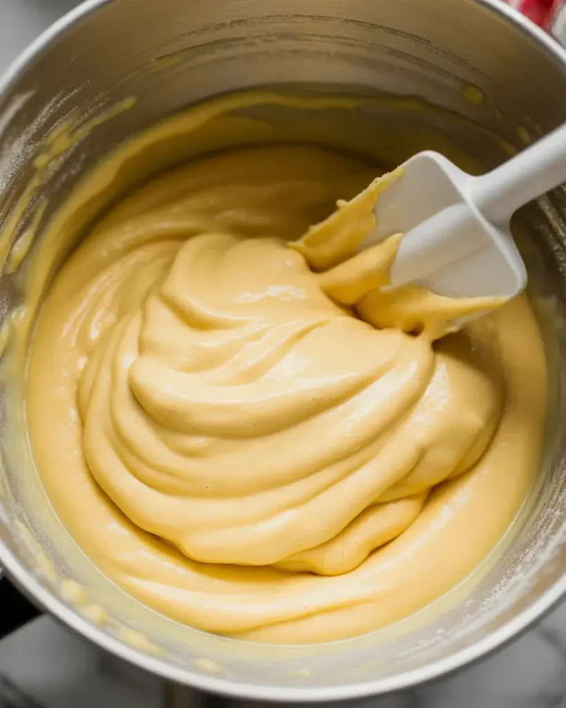 Final cheesecake batter mixed gently with eggs and sour cream added