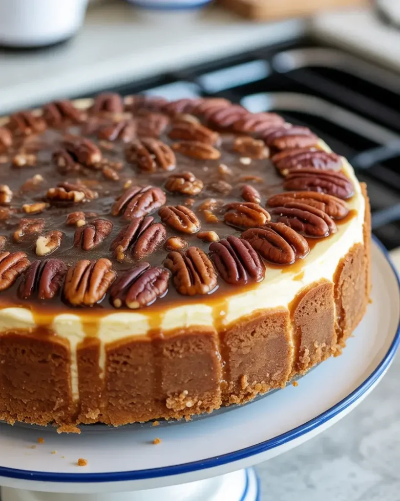 Finished pecan cheesecake with caramelized topping ready to serve