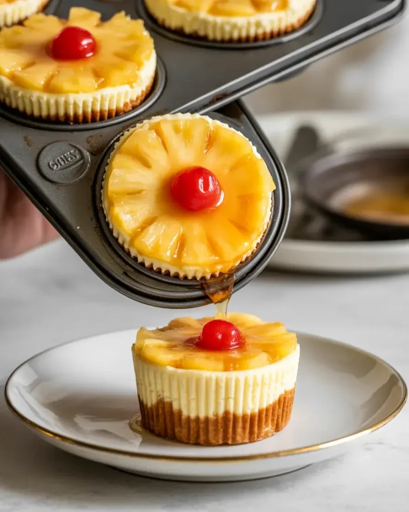 Flipping mini cheesecakes to reveal caramelized pineapple and cherry topping