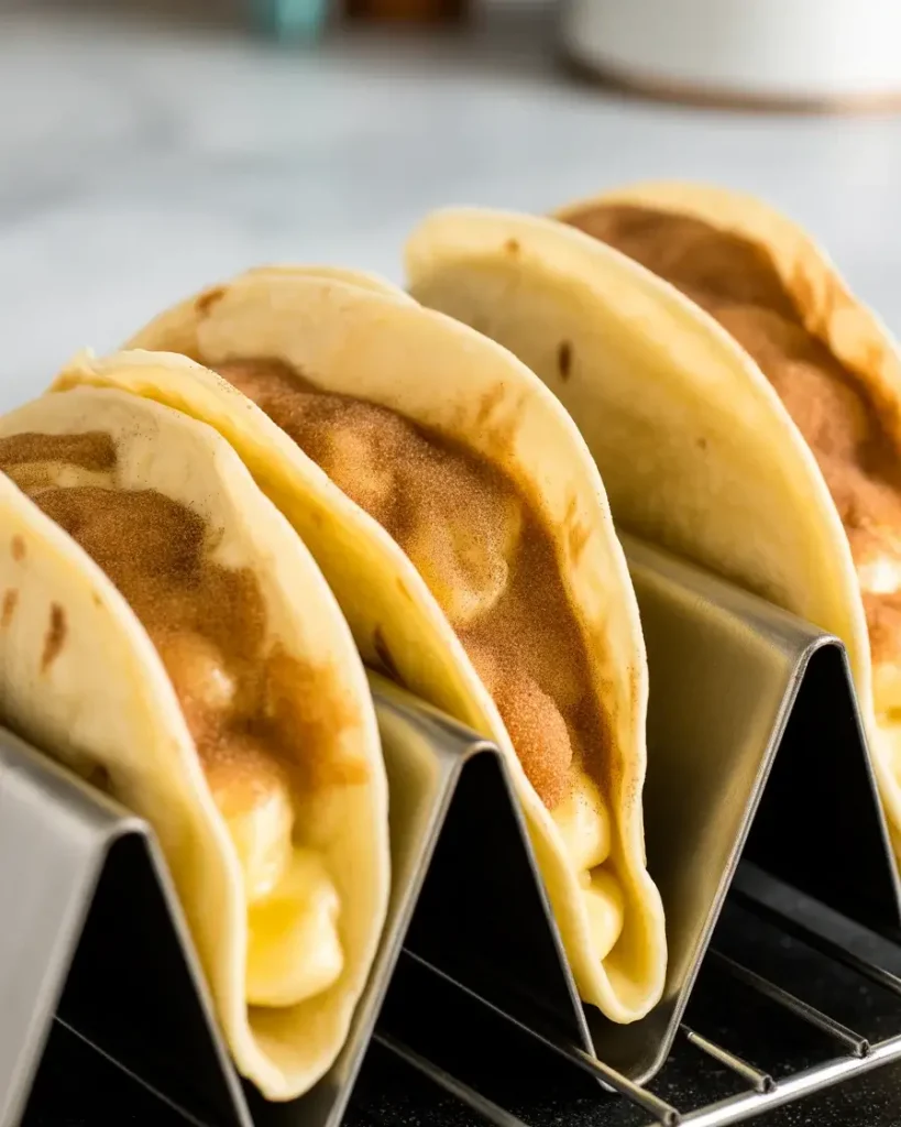 Flour tortillas shaped into taco shells and coated with cinnamon sugar before baking