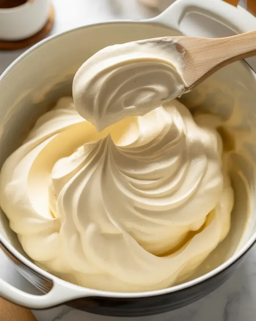 Fluffy cheesecake filling beaten to stiff peaks with vanilla and powdered sugar
