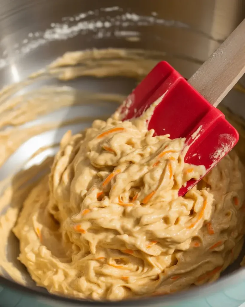 Folding carrots gently into batter - don't overmix for tender results