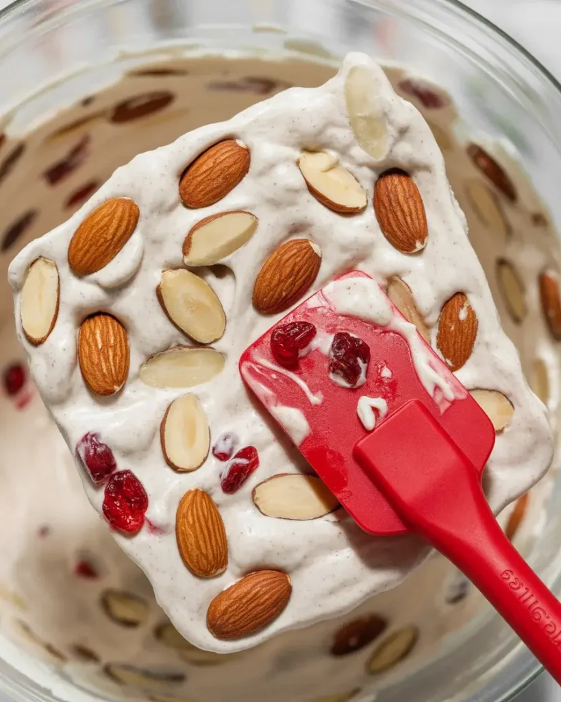 Folding toasted almonds and cranberries into thick nougat base