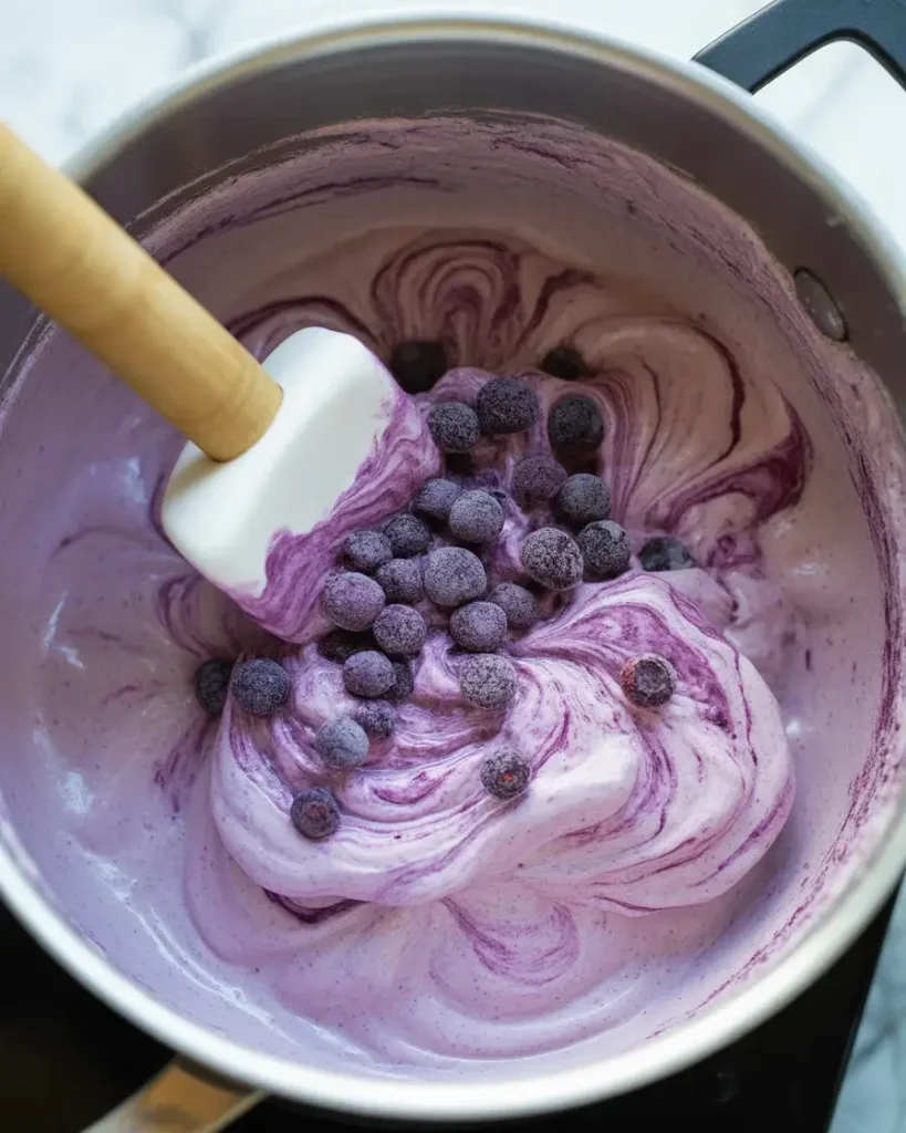 Freeze-dried blueberries creating beautiful purple swirls in the marshmallow base