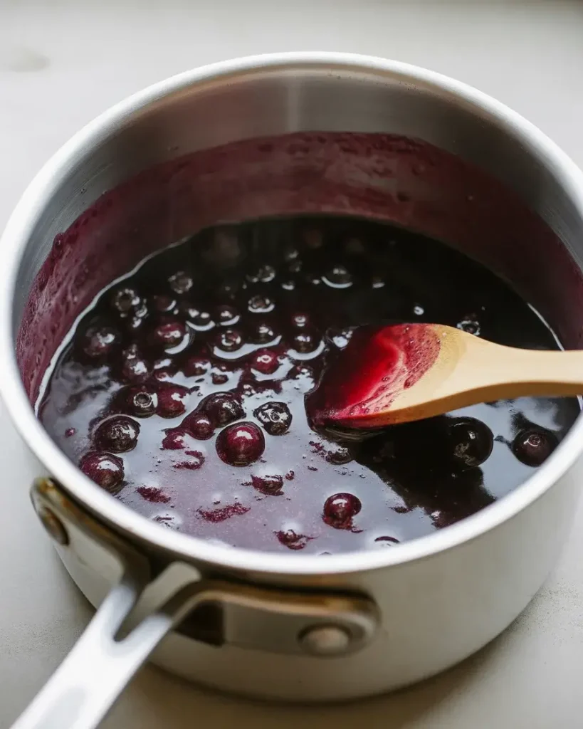Fresh blueberries simmering with sugar and lemon juice until thick and syrupy