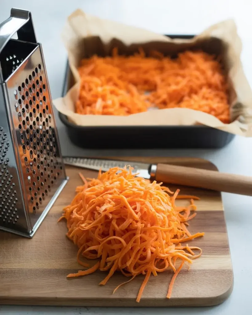 Fresh grated carrots ready for the perfect moist snack cake