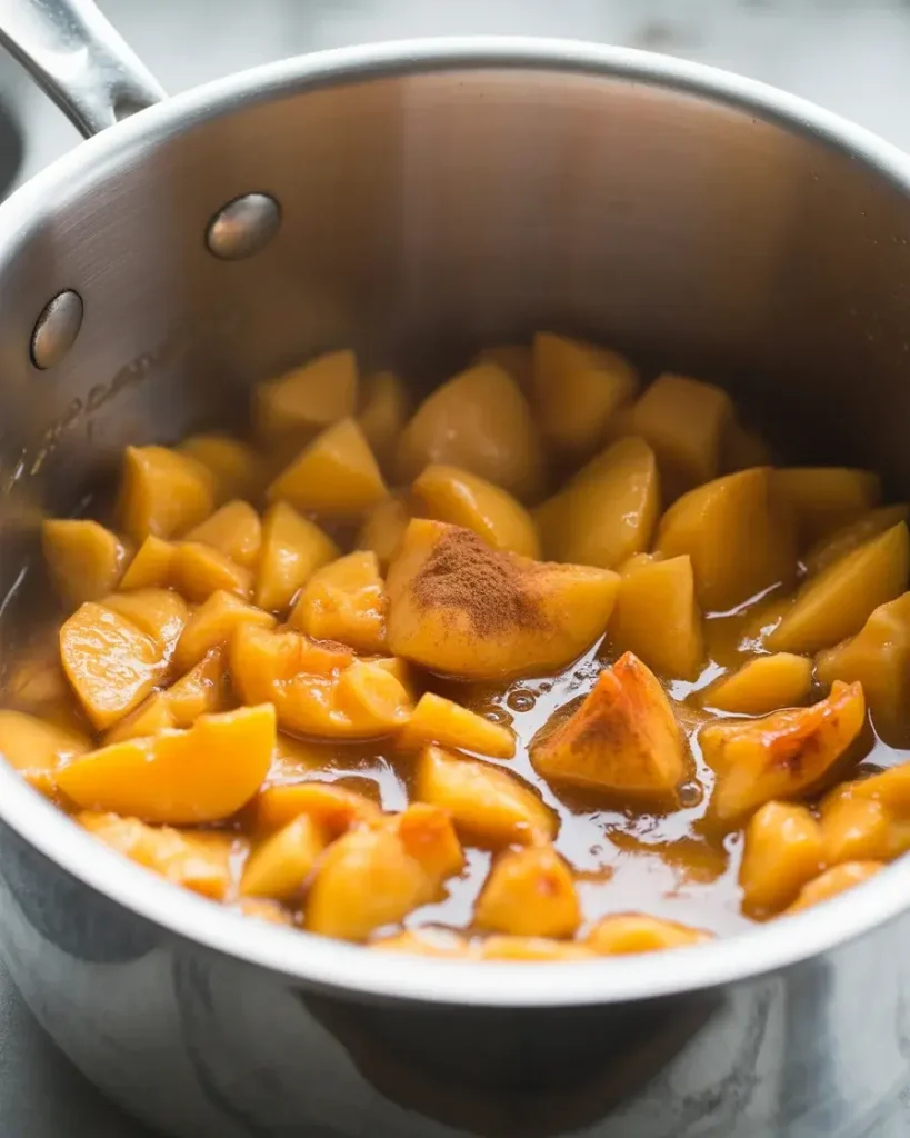 Fresh peaches simmering with cinnamon until thick and glossy