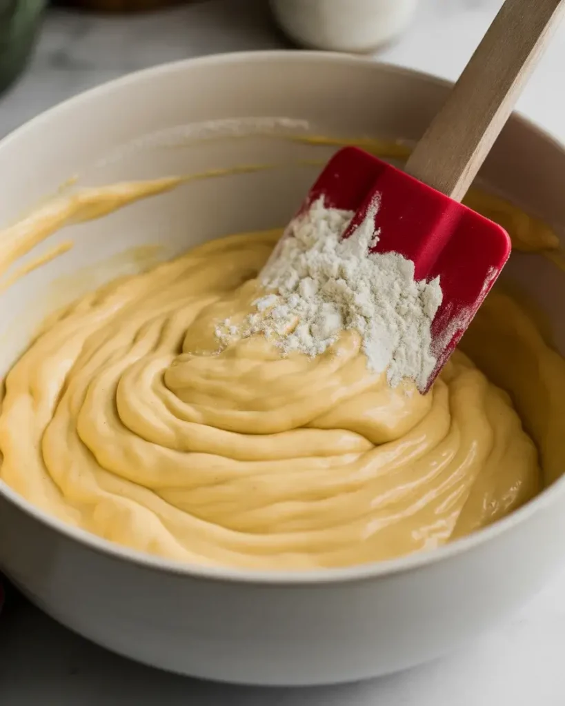 Gently folding dry ingredients into batter to maintain tender texture