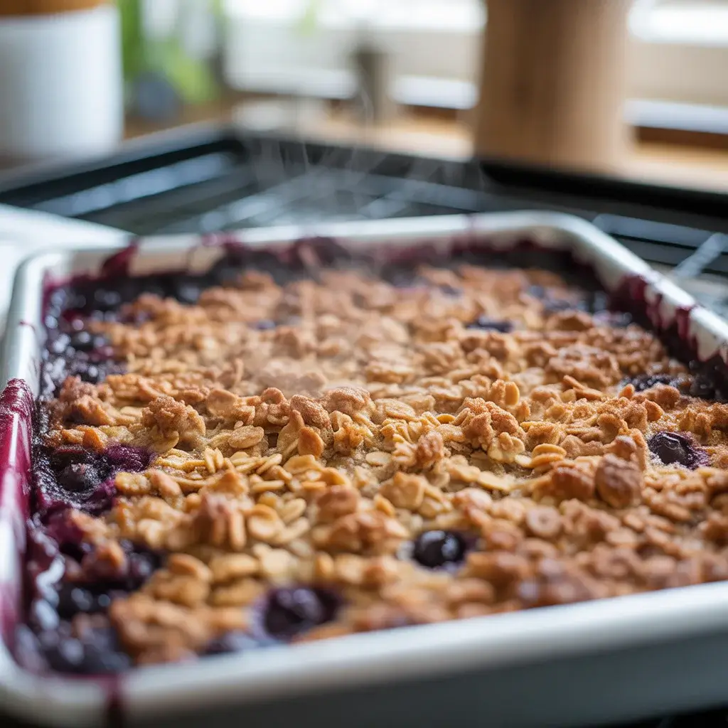 Golden baked bars with bubbling berry filling visible at the edges