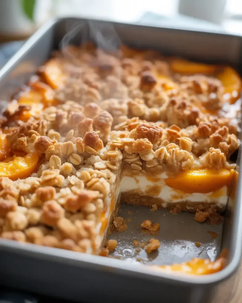 Golden-brown crumble bars fresh from the oven with bubbling peach filling