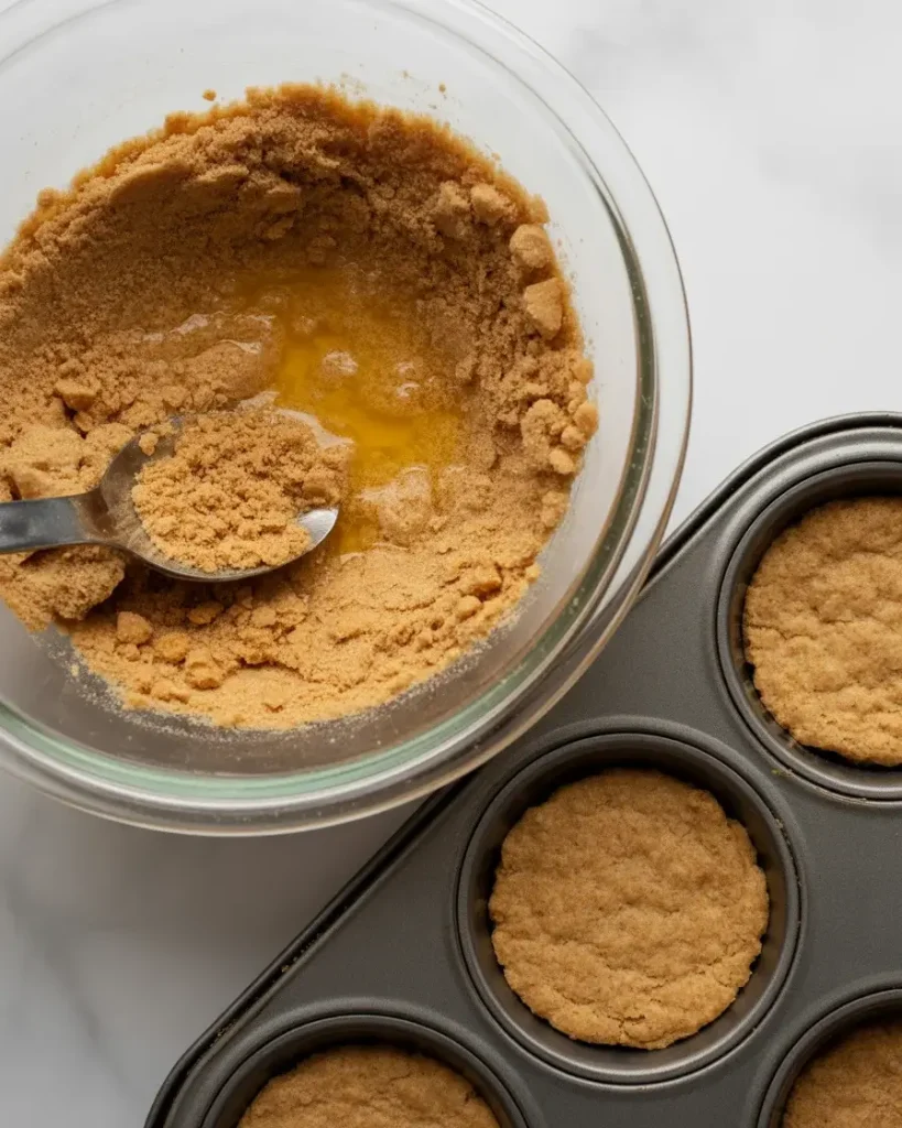 Graham cracker mixture pressed firmly into muffin cups creates a sturdy base