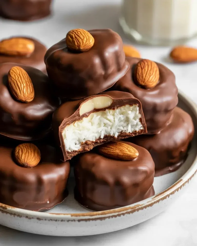 Homemade almond joy coconut bites with dark chocolate coating and roasted almonds