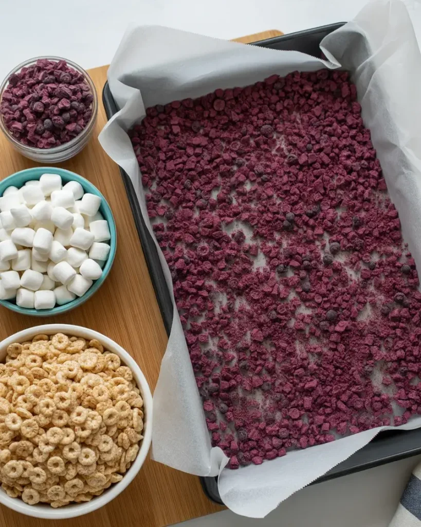 Ingredients prepped and ready with freeze-dried blueberries crushed for maximum flavor