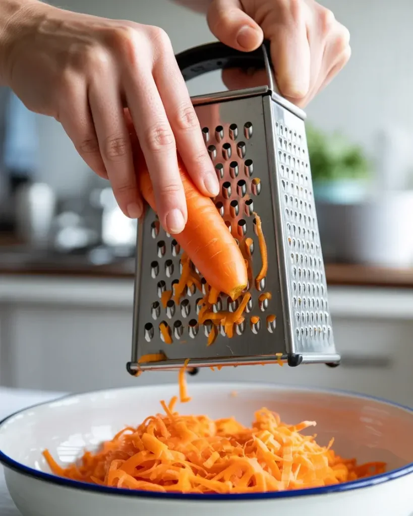 Medium box grater holes create perfect carrot texture for moist cake