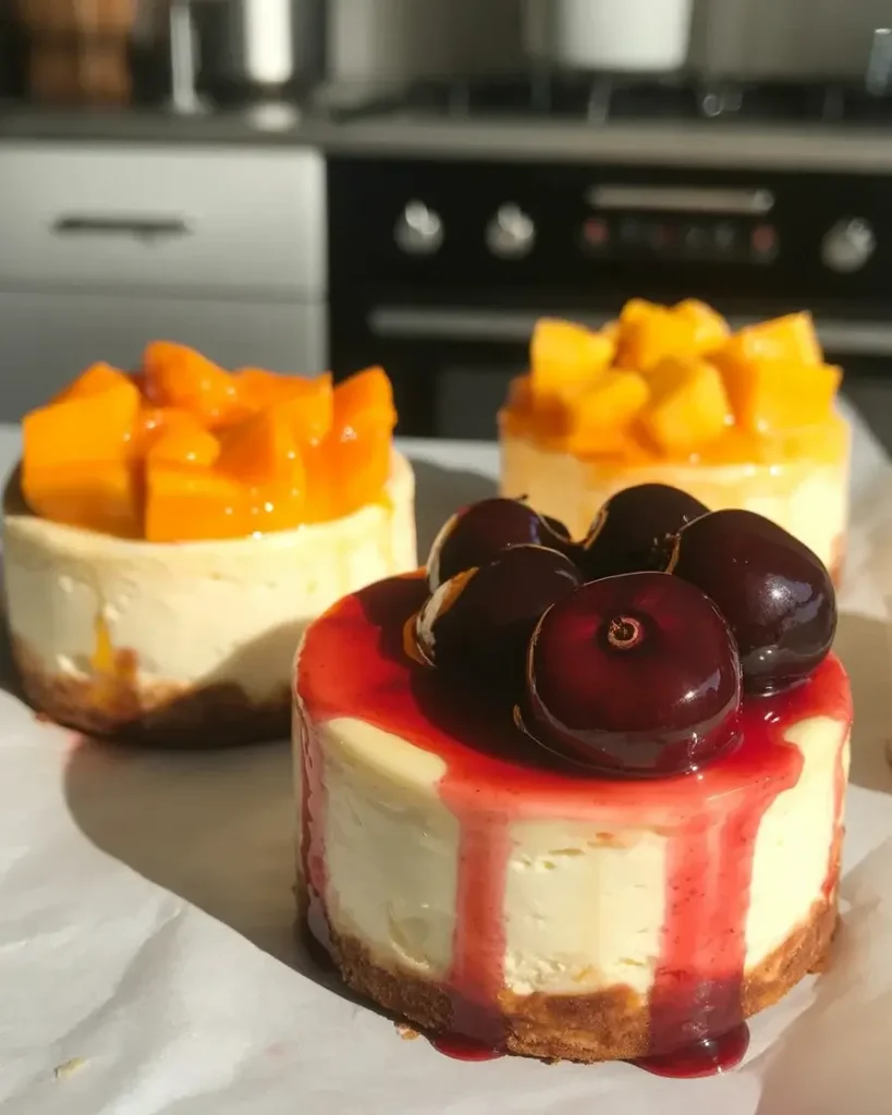 Mini cheesecakes with peach, cherry, and mango topping variations