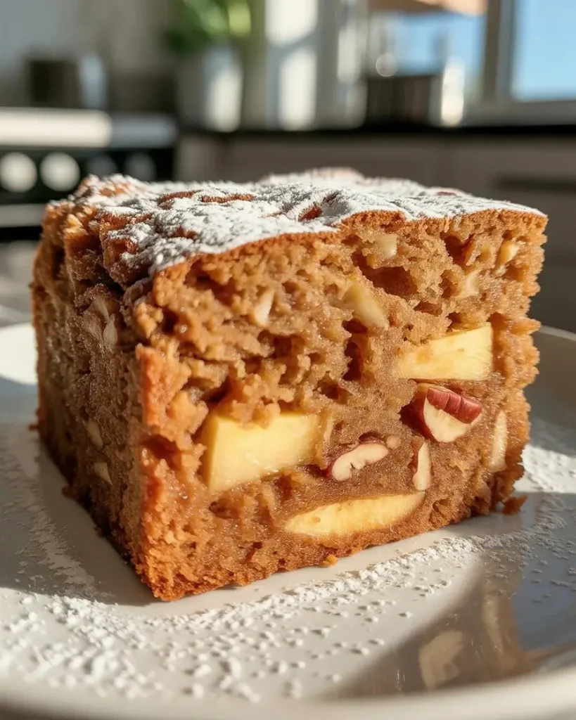 Moist cake slice revealing tender crumb with apples and pecans in every bite