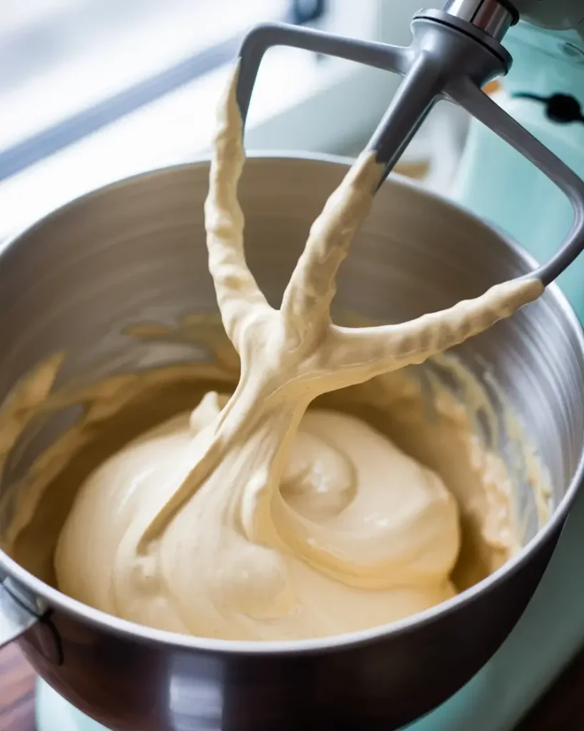 Nougat mixture beaten to thick stiff peaks with glossy marshmallow texture