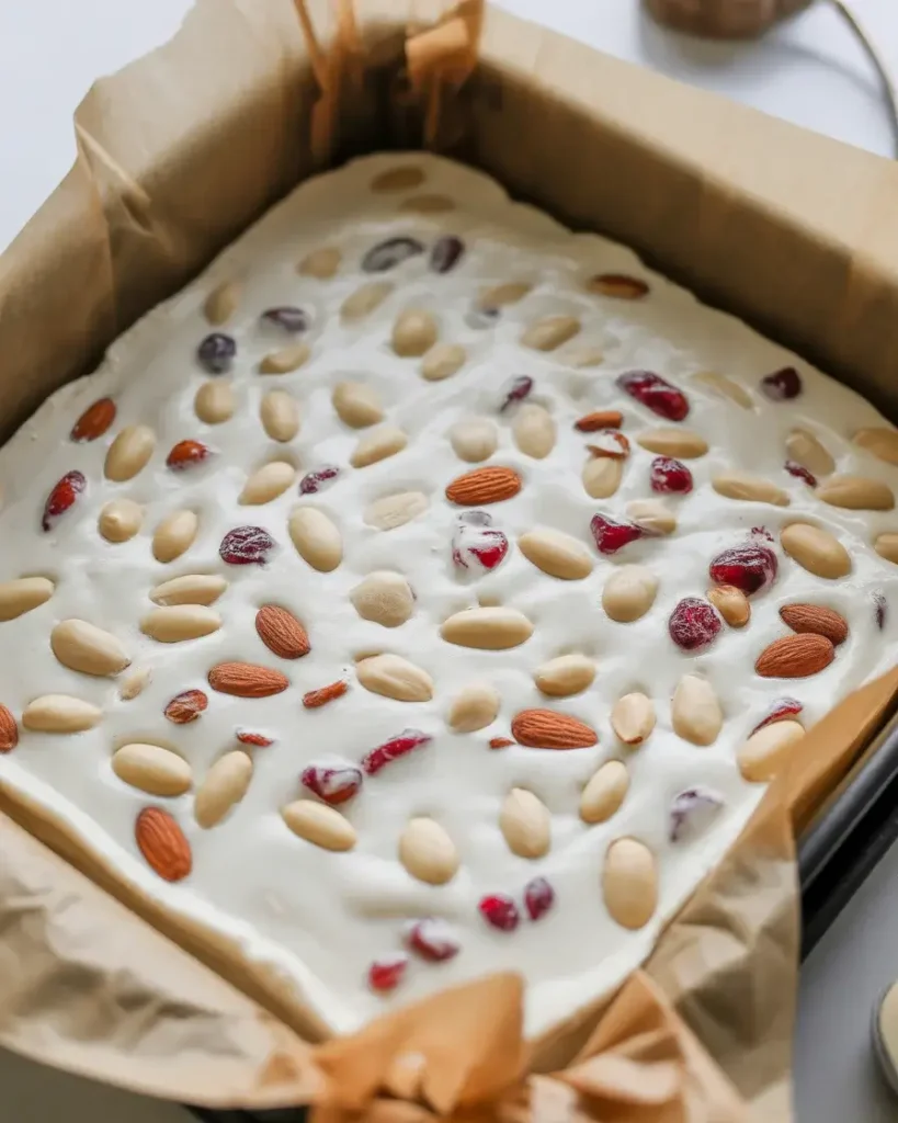Nougat pressed evenly into lined pan before cooling and cutting